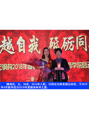 隋海風(fēng)，女，38歲，2016年入職，現(xiàn)崗位為財(cái)務(wù)部出納員，于2019年4月被評(píng)選為2018年度服務(wù)標(biāo)